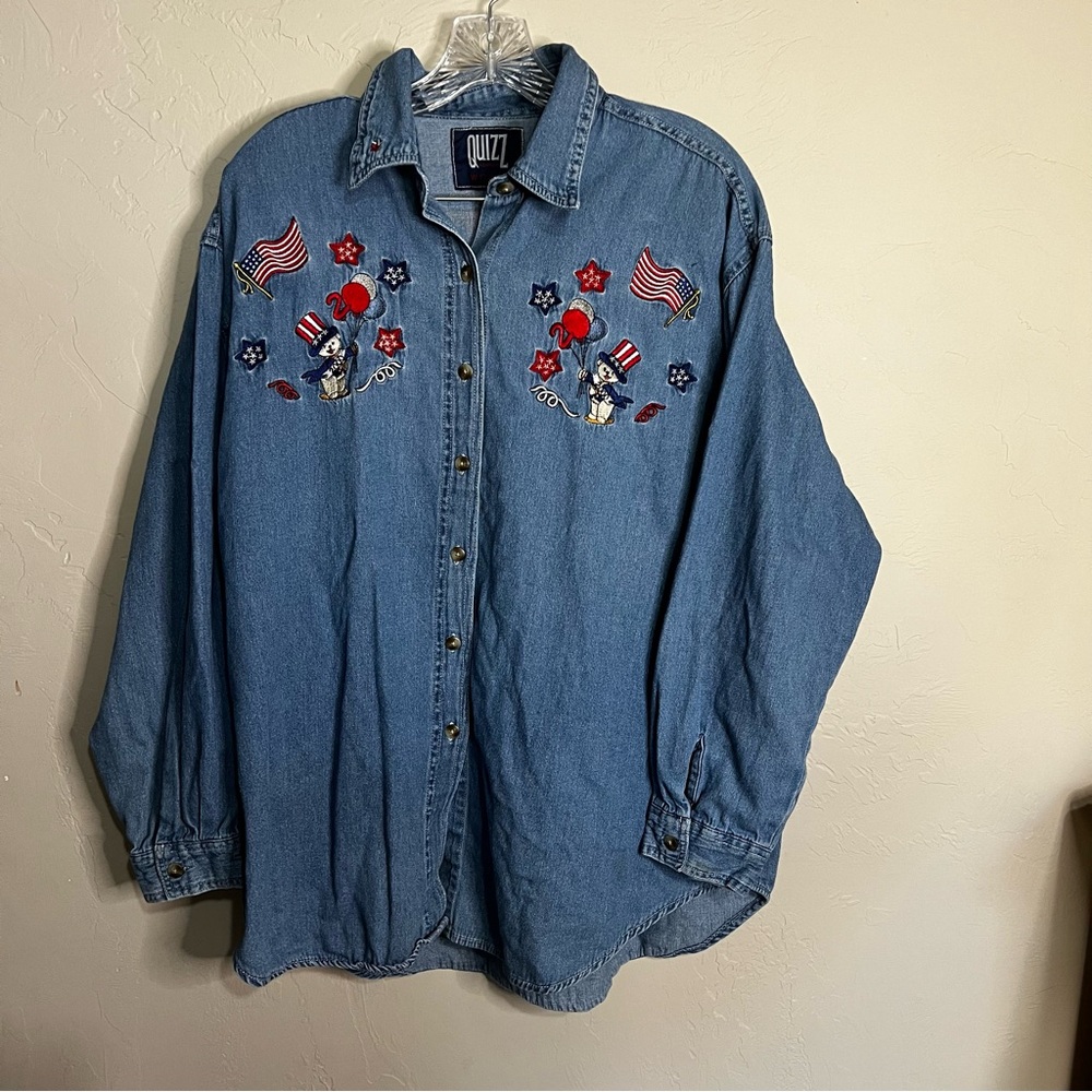Vintage Quizz Patritoic 4th of July American Embroidered Denim Button Down Shirt - Picture 2 of 10